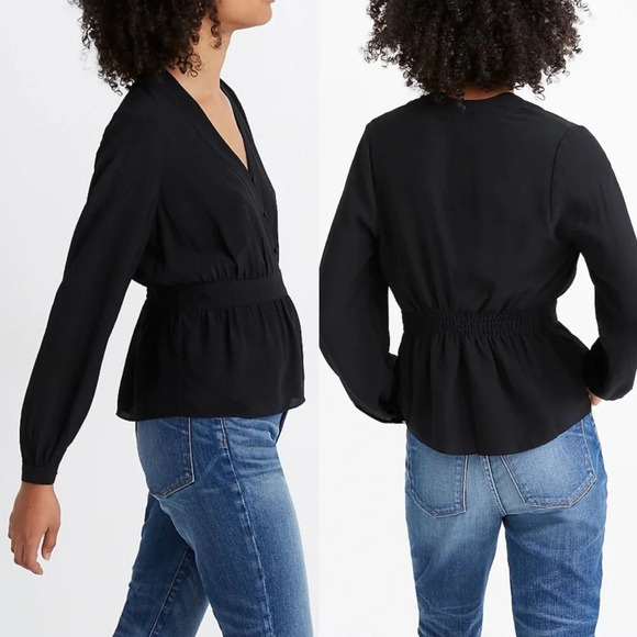 Madewell Silk V-Neck Peplum Top Black Sz XXS - Picture 1 of 5